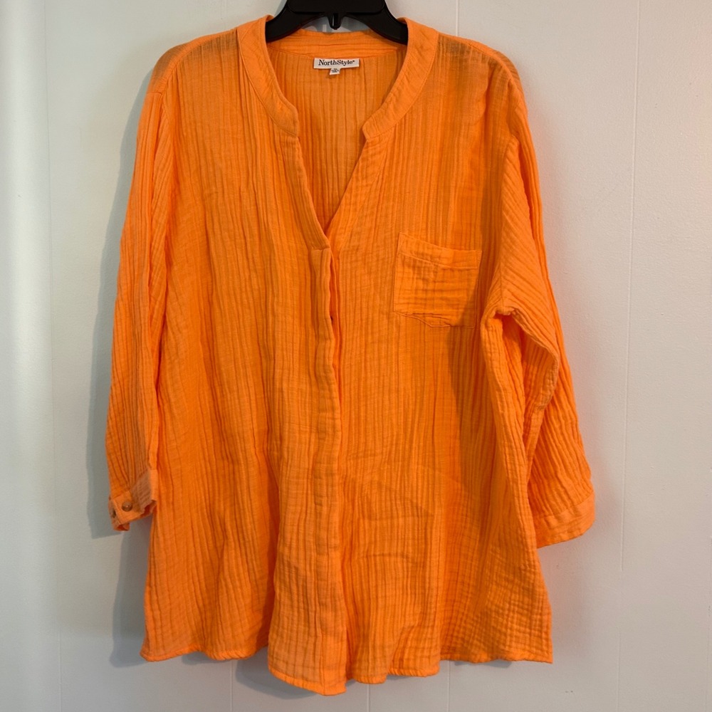 NorthStyle Orange Cotton Double Gauze Button Front Tunic Top Womens XL RN106740